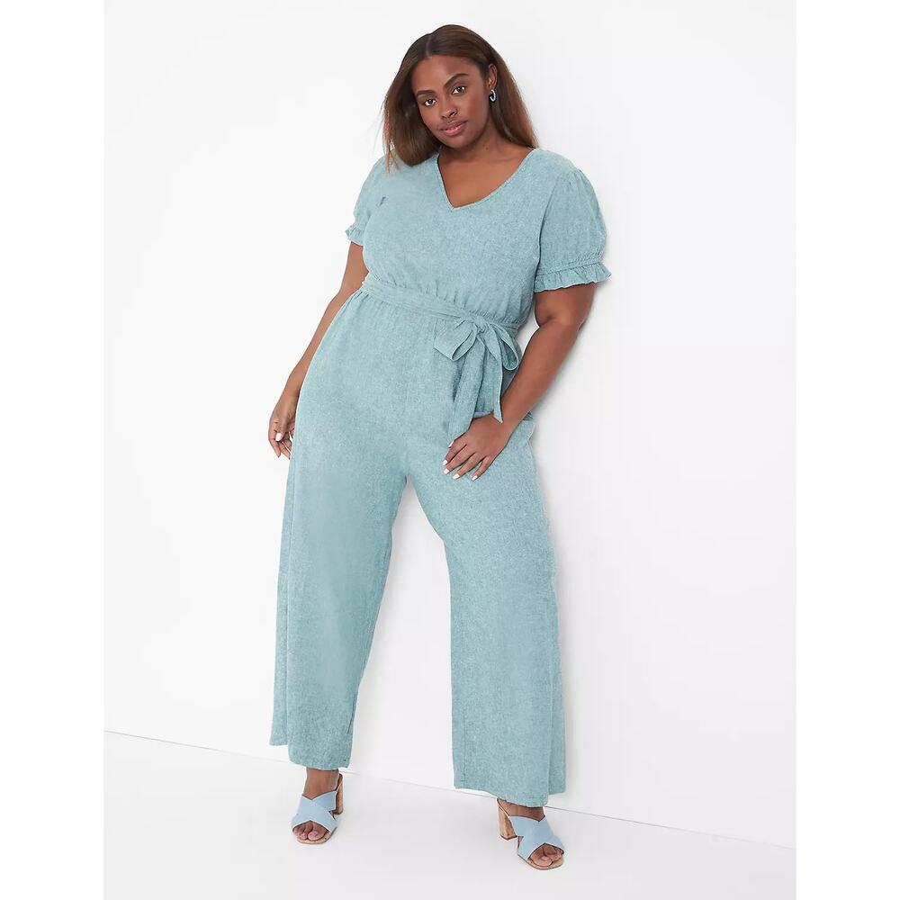 Lane Bryant V neck short Puff-Sleeve Linen Jumpsuit in green size 22